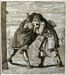 1600-talsgravyr ur en samling ordspråk. Paris 1657-1663. Av Jacques Lagniet (1620-1675). Fransk gravör. Från honom många samhällskritiska gravyrer och hånbilder som t.ex. hans ibland groteska och fantastiska illustrationer