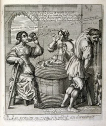 1600-talsgravyr ur en samling ordspråk. Paris 1657-1663. Av Jacques Lagniet (1620-1675). Fransk gravör. Från honom många samhällskritiska gravyrer och hånbilder som t.ex. hans ibland groteska och fantastiska illustrationer