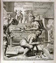 1600-talsgravyr ur en samling ordspråk. Paris 1657-1663. Av Jacques Lagniet (1620-1675). Fransk gravör. Från honom många samhällskritiska gravyrer och hånbilder som t.ex. hans ibland groteska och fantastiska illustrationer