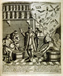 1600-talsgravyr ur en samling ordspråk. Paris 1657-1663. Av Jacques Lagniet (1620-1675). Fransk gravör. Från honom många samhällskritiska gravyrer och hånbilder som t.ex. hans ibland groteska och fantastiska illustrationer