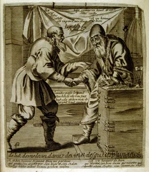 1600-talsgravyr ur en samling ordspråk. Paris 1657-1663. Av Jacques Lagniet (1620-1675). Fransk gravör. Från honom många samhällskritiska gravyrer och hånbilder som t.ex. hans ibland groteska och fantastiska illustrationer