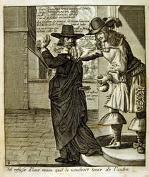 1600-talsgravyr ur en samling ordspråk. Paris 1657-1663. Av Jacques Lagniet (1620-1675). Fransk gravör. Från honom många samhällskritiska gravyrer och hånbilder som t.ex. hans ibland groteska och fantastiska illustrationer
