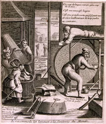 1600-talsgravyr ur en samling ordspråk. Paris 1657-1663. Av Jacques Lagniet (1620-1675). Fransk gravör. Från honom många samhällskritiska gravyrer och hånbilder som t.ex. hans ibland groteska och fantastiska illustrationer
