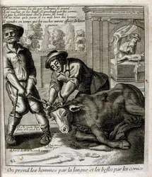 1600-talsgravyr ur en samling ordspråk. Paris 1657-1663. Av Jacques Lagniet (1620-1675). Fransk gravör. Från honom många samhällskritiska gravyrer och hånbilder som t.ex. hans ibland groteska och fantastiska illustrationer