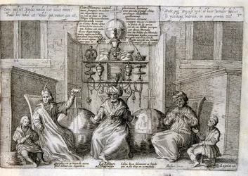 1600-talsgravyr ur en samling ordspråk. Paris 1657-1663. Av Jacques Lagniet (1620-1675). Fransk gravör. Från honom många samhällskritiska gravyrer och hånbilder som t.ex. hans ibland groteska och fantastiska illustrationer