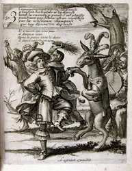 1600-talsgravyr ur en samling ordspråk. Paris 1657-1663. Av Jacques Lagniet (1620-1675). Fransk gravör. Från honom många samhällskritiska gravyrer och hånbilder som t.ex. hans ibland groteska och fantastiska illustrationer