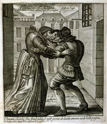 1600-talsgravyr ur en samling ordspråk. Paris 1657-1663. Av Jacques Lagniet (1620-1675). Fransk gravör. Från honom många samhällskritiska gravyrer och hånbilder som t.ex. hans ibland groteska och fantastiska illustrationer
