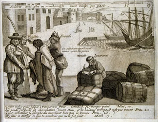 1600-talsgravyr ur en samling ordspråk. Paris 1657-1663. Av Jacques Lagniet (1620-1675). Fransk gravör. Från honom många samhällskritiska gravyrer och hånbilder som t.ex. hans ibland groteska och fantastiska illustrationer