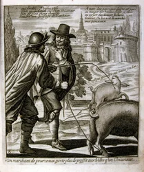 1600-talsgravyr ur en samling ordspråk. Paris 1657-1663. Av Jacques Lagniet (1620-1675). Fransk gravör. Från honom många samhällskritiska gravyrer och hånbilder som t.ex. hans ibland groteska och fantastiska illustrationer