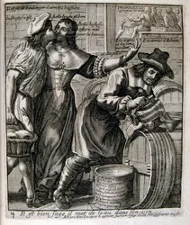 1600-talsgravyr ur en samling ordspråk. Paris 1657-1663. Av Jacques Lagniet (1620-1675). Fransk gravör. Från honom många samhällskritiska gravyrer och hånbilder som t.ex. hans ibland groteska och fantastiska illustrationer