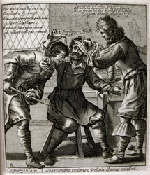 1600-talsgravyr ur en samling ordspråk. Paris 1657-1663. Av Jacques Lagniet (1620-1675). Fransk gravör. Från honom många samhällskritiska gravyrer och hånbilder som t.ex. hans ibland groteska och fantastiska illustrationer