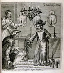 1600-talsgravyr ur en samling ordspråk. Paris 1657-1663. Av Jacques Lagniet (1620-1675). Fransk gravör. Från honom många samhällskritiska gravyrer och hånbilder som t.ex. hans ibland groteska och fantastiska illustrationer