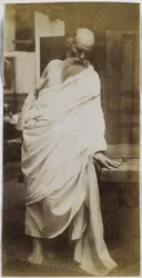 Studie av en manlig modell, en gammal man med skägg och draperad i vitt tyg, i Jacques de Lalaings studio