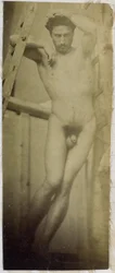 Studie av en manlig nakenmodell, hängande i en träställning, i Jacques de Lalaings studio