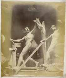 Studie av en naken manlig modell med en hand i en portal, sedd från sidan och bredvid en gipsmodell i samma pose, i Jacques de Lalaings studio