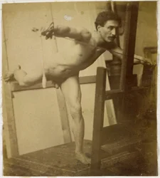 Studie av en naken manlig modell, framåtlutad med höger ben bakåt, i Jacques de Lalaings studio