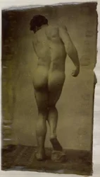 Studie av en manlig nakenmodell, stående och sedd bakifrån, i Jacques de Lalaings studio