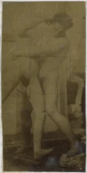 Studie av en manlig nakenmodell, som står och brottas med en skyltdocka, i Jacques de Lalaings ateljé, möjligen förstudie till målningen The Wrestlers