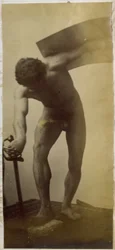 Studie av en manlig nakenmodell, stående böjd med svärd och sköld i händerna, i Jacques de Lalaings studio