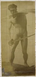 Studie av en manlig nakenmodell, stående med svärd och sköld i händerna, i Jacques de Lalaings studio