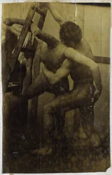 Studie av en manlig nakenmodell som brottas med en docka, i Jacques de Lalaings studio