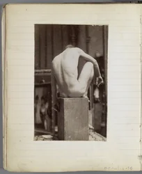 Studie av en manlig nakenmodell, sittande och sedd bakifrån, i Jacques de Lalaings studio