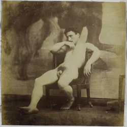 Studie av en manlig nakenmodell, sittande i en stol, i Jacques de Lalaings studio