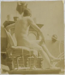 Studie av en manlig nakenmodell, sittande på en fåtölj, i Jacques de Lalaings studio