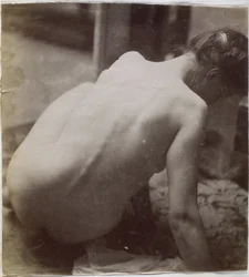Studie av en kvinnlig nakenmodell, sedd bakifrån, i Jacques de Lalaings studio, förstudie för element till en fontän vid Musee des Beaux arts, Tournai och för en cirkulär fontän
