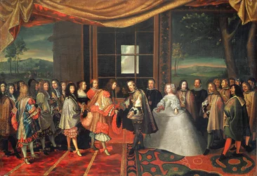 Möte mellan Ludvig XIV och Philippe IV på Isle des Faisans, 7 november 1659 (olja på duk)
