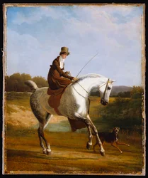 Miss Cazenove på en grå jägare, en hund som springer bredvid