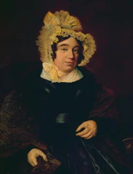 Porträtt av Mrs. Edward Cross i en mörk satängklänning med en Paisleysjal, 1838