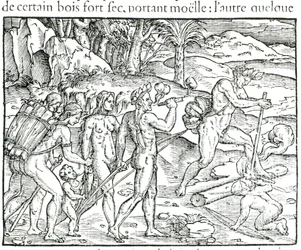 Indianer gör upp eld efter jakt, graverad av Theodor de Bry (1525-75)