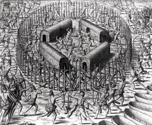 Johannes Staden hjälper till att försvara indianerna som fångade honom mot Tuppin Tkins, graverad av Theodore de Bry (1528-98), från 
