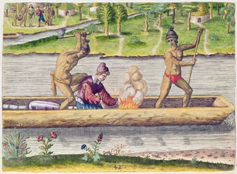 Mordet på en fransman, ur «Brevis Narratio..», graverad av Theodore de Bry (1528-98), utgiven i Frankfurt, 1591