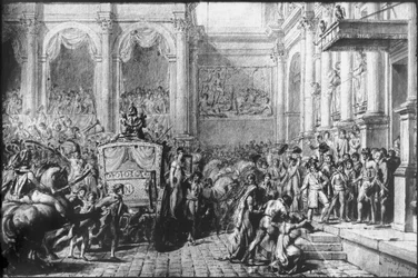 Tillbaka från invigningen, Napoleon anländer till Hotel de Ville, Paris, 1805 (penna och svart bläck och grå tvätt och grafit på papper)