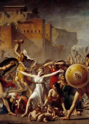 Detalj: "" The Sabines""" mellan deras romerska män (höger) och deras Sabins bröder (vänster) och visar dem deras barn - Målning av Jacques-Louis (Jacques Louis) David (1748-1825)