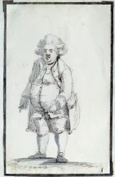 Franska revolutionen: "" Caricature de Mirabeau-Tonneau"" Andre Boniface Louis Riquetti (1754-1792), Viscount de Mirabeau, känd som "Mirabeau-Tonneau" (Mirabeau Tonneau) fick smeknamnet på tunnan på grund av dess korpulens. Teckning i brunt tusch av Jacque