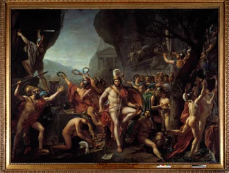 Leonidas vid Thermopyle. Episod ur slaget vid Thermopyle år 480 f.Kr., där grekerna ställs mot Xerxes I:s perser: Leonidas I, Spartas kung, håller sina vapen och sitter på en klippa nära Herkules altare; i bakgrunden rycker en trupp spartaner fram till t