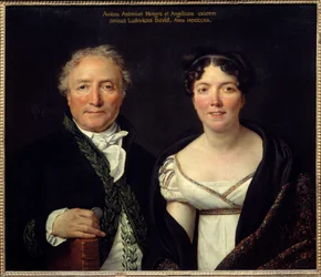 Porträtt av Antoine Mongez (1747-1835) arkeolog och hans fru Angelique (1775-1855) målare Antoine Mongez poserar i en akademikerdräkt och håller en pjäs i handen för att påminna om sin roll som administratör av mynten. Målning av Jacques Louis David (1748-