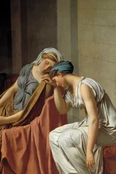 Horaces Detail-eden som representerade kvinnor kollapsade i smärta. Målning av Jacques Louis David (1748-1825) 1784 Sön. 0,26x0,37 m