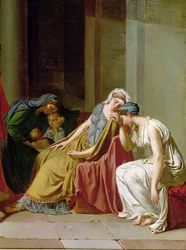 The Oath of the Horatii detalj av en grupp kvinnor till höger, c.1783 olja på duk