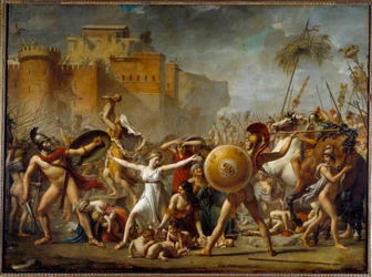 Sabinerna mellan sina romerska män (höger) och deras sabinska bröder (vänster) och visar dem sina barn - Målning av Jacques-Louis (Jacques Louis) David (1748-1825)