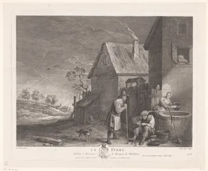 Två män och en kvinna framför brunnen på en gård La Ferme (titel på objekt)