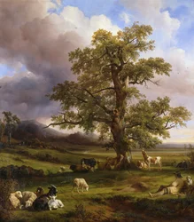 Djur som vilar runt ett stort ek, 1842