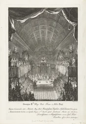 Huwelijk van Willem IV träffade prinsessan Anna, 1734 George II Mag: Brit: Franc: & Hiber. Kungens bröllopsceremoni mellan Anne (...) och William (...) Tisdag 14:e år: 1733 (...) (titel på objekt)