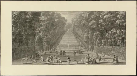 Vue de la Grande Cascade dans les jardins de Marly (svart krita, penna och svart bläck, grå tvätt)