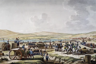 Napoleon besökte belägringsverket i Danzig ledd av marskalk Lefebvre (9 maj 1807), gravyr av Francois Jacques Dequevauviller (1783-1848), teckning av Jacques Francois Joseph Swebach-Desfontaines (1769-1823)