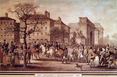 Frankrikes kampanj 1814: "" Entré i Paris för fångar av allierade arméer (inklusive Ryssland och Preussen), eskorterad av Nationalgardet under befäl av Marechal Moncey den 9/03/1814"" Litografi av Jacques Swebach-Desfontaines (1769- 1823)