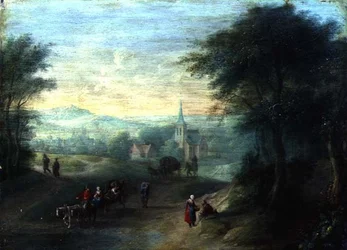 Bergigt flodlandskap (olja på panel)